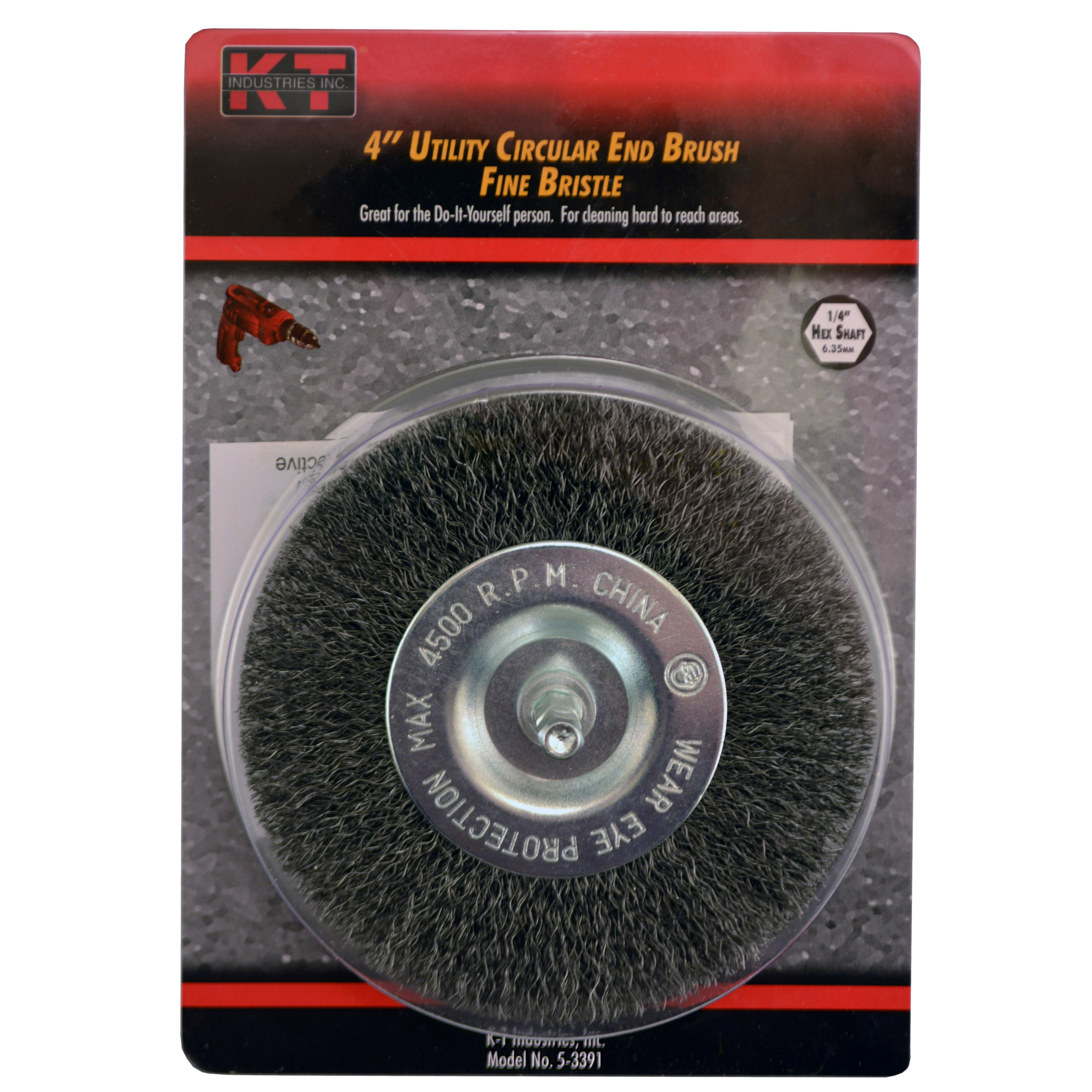 K-T Industries Circular End Brush — 4in., Fine, 1/4in. Hex Shank, 4500 Max RPM, Model# 5-3391